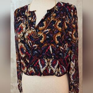Evereve Sheer Floral Boho Blouse Size Small Long Sleeve Elastic Hem Fall Colors